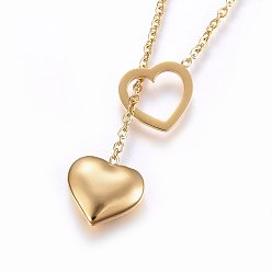 Golden 304 Stainless Steel Lariat Necklaces, with Lobster Claw Clasps, Heart, Golden, 17.3 inch(44cm), 1.5mm