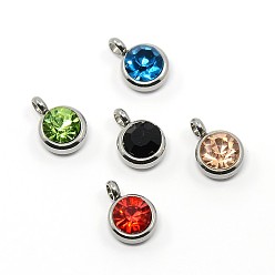 Mixed Color Trendy Original Color 304 Stainless Steel Grade A Rhinestone Flat Round Charm Pendants, Faceted, Stainless Steel Color, Mixed Color, 9x6.5x4mm, Hole: 2mm
