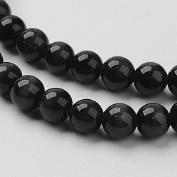 Black Cat Eye Beads, Round, Black, 6mm, Hole: 1mm, about 66pcs/strand, 14.5 inch/strand