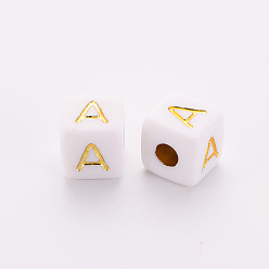 Letter Opaque White Acrylic European Beads, Horizontal Hole, Large Hole Beads, Metal Enlaced, Cube with Gold Random Mixed Letters, 9.5x9.5x9.5mm, Hole: 4mm, about 500pcs/500g