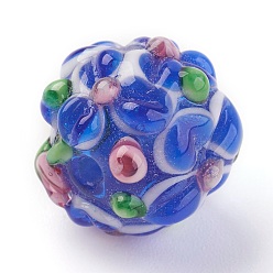 Royal Blue Handmade Lampwork Beads, Rondelle with Flower, Bumpy, Royal Blue, 14~15x12~13mm, Hole: 1.5~1.8mm