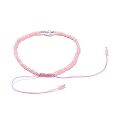 Pink Adjustable Nylon Thread Braided Beads Bracelets, with Glass Seed Beads and Grade A Natural Freshwater Pearls, Pink, 2-1/8 inch(5.3cm)