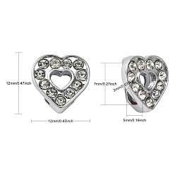 Platinum Alloy Heart Slide Charms with Grade A Rhinestones, Platinum, 12x12x5mm, Hole: 7x2mm
