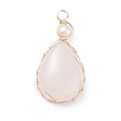 Rose Quartz Natural Rose Quartz Copper Wire Wrapped Pendants, with Grade A Natural Cultured Freshwater Pearl, Real 18K Gold Plated, Teardrop, 38~43x19~19.5x8~8.5mm, Hole: 3.5~3.8mm