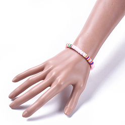 Pink Eco-Friendly Handmade Polymer Clay Heishi Beads Bracelets, Brass Spacer Beads and 304 Stainless Steel Lobster Claw Clasps, Pink, 7-1/2 inch(19cm), 6mm