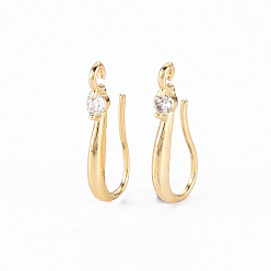 Real 18K Gold Plated Brass Micro Pave Clear Cubic Zirconia Earring Hooks, with Horizontal Loop, Real 18K Gold Plated, 17.5x3mm, Hole: 1.2mm, 18 Gauge, Pin: 1mm