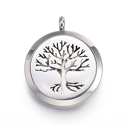 Stainless Steel Color 316 Surgical Stainless Steel Diffuser Locket Pendants, with Perfume Pad and Magnetic Clasps, Tree of Life, Stainless Steel Color, 36.5~37x30x6~6.5mm, Hole: 5mm, Inner Diameter: 23mm, 12Color/Set