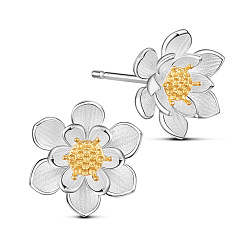 Golden SHEGRACE Adorable 925 Sterling Silver Ear Studs, Lotus Flower with Golden Tone Bud, Mixed Color, 10mm, Pin: 0.8mm
