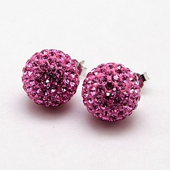 209_Rose 925 Sterling Silver Austrian Crystal Rhinestone Ear Studs, with Ear Nuts, Round, 209_Rose, 12mm, Pin: 0.8mm