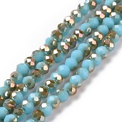 Dark Turquoise Electroplate Opaque Solid Color Glass Beads Strands, Half Plated, Rainbow Plated, Faceted, Rondelle, Dark Turquoise, 4x3mm, Hole: 0.4mm, about 123~127pcs/strand, 16.5~16.9 inch(42~43cm)
