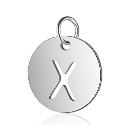 Letter X 304 Stainless Steel Charms, Flat Round with Letter, Stainless Steel Color, Letter.X, 12x1mm, Hole: 2.5mm