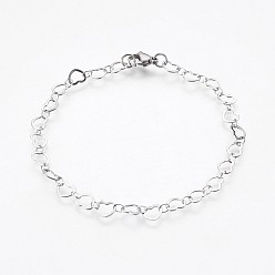 Stainless Steel Color 304 Stainless Steel Chain Bracelets, with Lobster Claw Clasps, Heart, Stainless Steel Color, 8-1/8 inch(20.5cm)