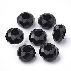 Black Acrylic Beads, Large Hole Beads, Faceted, Rondelle, Black, 13~14x8~8.5mm, Hole: 5.5mm