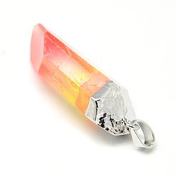 Orange Red Natural Quartz Crystal Pointed Pendants, with Iron Findings, Plated Platinum, Nuggets, Dyed, Orange Red, 30~45x9~14x6~10mm, Hole: 6x3.5mm