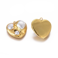 Doré  Pendentifs de perles d'eau douce de culture naturelle, avec les accessoires en laiton, cœur, or, 28x26x9~11mm, Trou: 1.8mm
