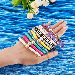 Couleur Mélangete Ensembles de bracelets extensibles et à breloques en perles heishi en pâte polymère, avec des perles rondes en fer plaqué platine, couleur mixte, 10 pièces / kit