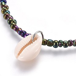 Mixed Color Glass Seed Beads Pendant Necklaces, with Cowrie Shell Beads, Brass Finding, Iron Finding and 304 Stainless Steel Lobster Claw Clasps, Mixed Color, 18.34 inch~18.62 inch(46.6~47.3cm)