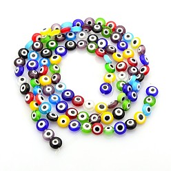 Mixed Color Handmade Evil Eye Lampwork Bead Strands, Flat Round, Mixed Color, 8x4mm, Hole: 1mm, about 53pcs/strands, 15 inch