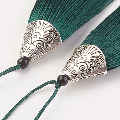 Teal Nylon Tassels Big Pendant Decorations, with CCB Plastic, Antique Silver, Teal, 85x20x10.5mm