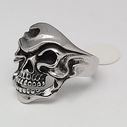 Stainless Steel Color Cool Halloween Jewelry Skull Rings for Men, 304 Stainless Steel Wide Rings, Stainless Steel Color, 17~23mm