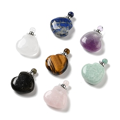 Смешанные камни Подвески для флаконов духов из натуральных смешанных камней, для эфирного масла, духи, с латунными наконечниками и пипетками платинового цвета, сердце, 42x29~32x12~12.5 мм, отверстие : 1.5~1.8 мм