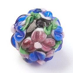 Blue Handmade Lampwork Beads, Rondelle with Flower, Bumpy, Blue, 14~15x12~13mm, Hole: 1.5~1.8mm