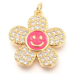 Deep Pink Brass Micro Pave Clear Cubic Zirconia Pendants, with Enamel and Jump Rings, Long-Lasting Plated, Flower with Smiling Face, Real 18K Gold Plated, Deep Pink, 24x22x3mm, Hole: 3mm