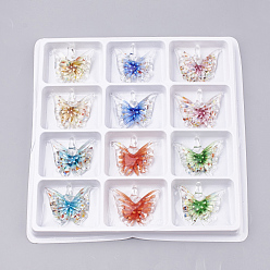Mixed Color Handmade Lampwork Pendants, Inner Flower, Butterfly, Mixed Color, 37~42x41~46x13~15mm, Hole: 7mm, Box Size: 20x19.5x1.3cm, about 12pcs/box