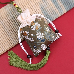 Цвет Оливы Сумка-саше из парчи, сумка с цветочной вышивкой на кулиске, прямоугольник с кисточкой, оливковый, 42 см, мешок: 12.5x8.8x0.2 см, шарика: 0.8~0.9 см, кисточка: 12.5x1 см