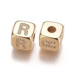 Letter R Brass Micro Pave Cubic Zirconia Beads, Horizontal Hole, Real 18K Gold Plated, Long-Lasting Plated, Cube with Letter, Clear, Letter.R, 9x9x9mm, Hole: 3.5mm