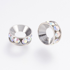 Crystal AB Brass Rhinestone Spacer Beads, Flat Round, Crystal AB, 9x4mm, Hole: 4mm