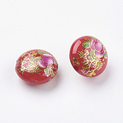 Red Flower Printed Resin Beads, Flat Round, Red, 16.5x9mm, Hole: 2mm