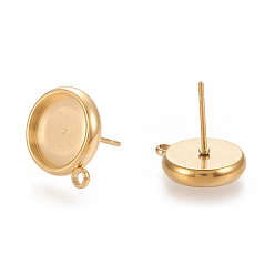Golden Ion Plating(IP) 304 Stainless Steel Stud Earring Findings, Flat Round, Golden, 15x12.5mm, Hole: 1.6mm, Pin: 0.7mm, Tray: 10mm
