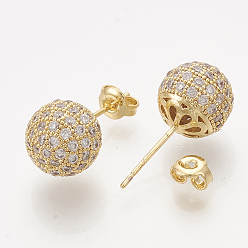 Golden Brass Cubic Zirconia Stud Earrings, with Ear Nuts, Round, Clear, Golden, 21x10mm, Pin: 0.7mm