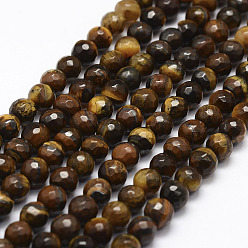 Tiger Eye Faceted Natural Tiger Eye Beads Strands, Round, 6mm, Hole: 1mm, about 60pcs/strand, 14.7 inch