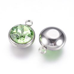 Light Green K9 Glass Rhinestone Pendants, August Birthstone Charms, with 304 Stainless Steel Findings, Flat Round, Light Green, 18x14x9mm, Hole: 2.5mm