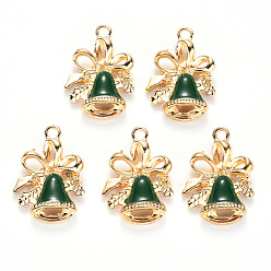 Green Alloy Enamel Pendants, for Christmas, Jingle Bell, Light Gold, Green, 21x15.5x5mm, Hole: 2mm