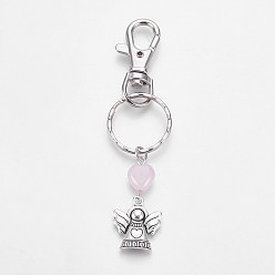 Rose Quartz Iron Keychain, Alloy Swivel Clasps, with Tibetan Style Pendants and Rose Quartz, Angel, 95mm