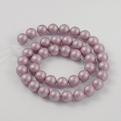 Flamingo Round Shell Pearl Bead Strands, Frosted, Flamingo, 6mm, Hole: 1mm, about 68pcs/strand, 15.7 inch