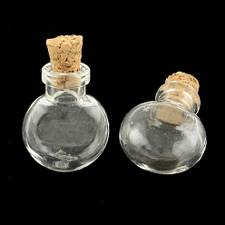 Clair Bouteille en verre plat rond pour les contenants de perles, avec bouchon en liège, souhaitant bouteille, clair, 25x20x13mm, Trou: 6mm, goulot d'étranglement: 9 mm de diamètre, capacité: 1.2 ml (0.04 fl. oz)