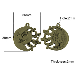 Antique Bronze Tibetan Style Alloy Pendants, Cadmium Free & Nickel Free & Lead Free, Sun and Moon, Antique Bronze, 29x26x2mm, Hole: 2mm