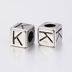 Antique Silver 304 Stainless Steel Large Hole Letter European Beads, Cube with Letter.K, Antique Silver, 8x8x8mm, Hole: 5mm