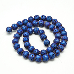 Plaqué Bleu Galvanoplastie des brins de perles de pierre de lave naturelle, Style mat, ronde, bleu plaqué, 6~7mm, Trou: 1mm, Environ 60 pcs/chapelet, 14.7~15.1 pouce