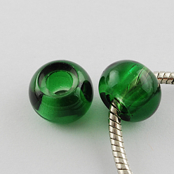 Green Spray Painted Glass Beads, Large Hole Beads, Rondelle, Green, 15x10mm, Hole: 5.5~6mm