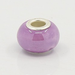 Medium Orchid Handmade Porcelain European Beads, with Silver Color Brass Double Cores, Rondelle, Medium Orchid, 15x10~11mm, Hole: 5mm