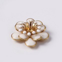 White Flower Brass Enamel Cabochon Settings, Golden, White, Tray: 4mm, 20x7mm, Hole: 1mm
