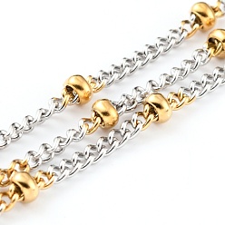 Golden & Stainless Steel Color Two Tone 304 Stainless Steel Curb Chains, Soldered, with Spool and Round Beads, Golden & Stainless Steel Color, 2x2x1mm, 32.8 Feet(10m)/roll