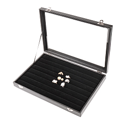 Noir Coffres en imitation cuir et anneaux en bois, avec la glace, rectangle, noir, 24x35x4.5 cm