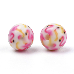 Rose Nacré Perles acryliques imprimés opaques, rond avec motif flamant rose, perle rose, 11.5~12x11mm, Trou: 2.5mm