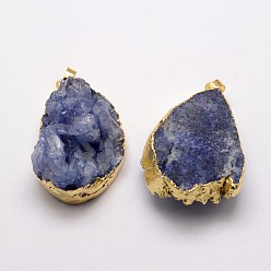 Slate Blue Electroplate Natural Druzy Quartz Crystal Pendants, Dyed, with Golden Plated Brass Finding, Drop, Slate Blue, 32~62x20~35x16~29mm, Hole: 5x8.5mm